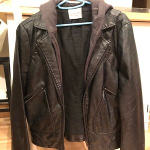 Vegan hooded leather jacket.